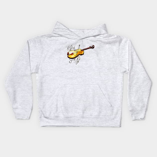 Yellow Violin with Notes Kids Hoodie by AnnArtshock